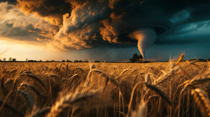 Wall Mural - Tornado over a wheat field with dark storm clouds.