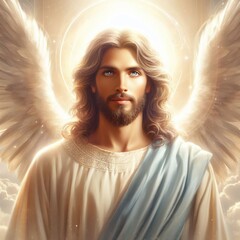 Wall Mural - Portrait of Jesus Christ with white wings and blue sky background. 