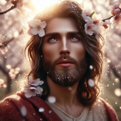 Wall Mural - Jesus Christ with flowers in his hair in the spring garden. Happy Easter. 