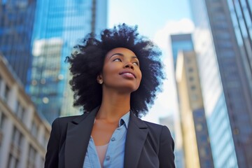 Happy wealthy rich successful black businesswoman standing in big city modern skyscrapers street on sunset thinking of successful vision, dreaming of new investment opportunities