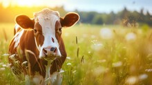 A Brown And White Cow Gazes Curiously In A Vibrant Green Field At Sunset