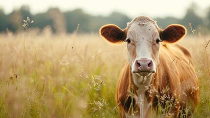 Wall Mural - A single cow standing in a field with golden light at sunset