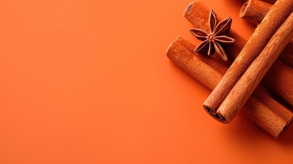 Wall Mural - Warm cinnamon sticks and star anise lie on a vibrant orange backdrop