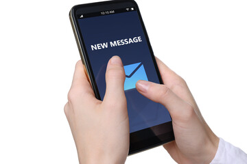 Poster - Got new message. Woman using smartphone on white background, closeup