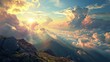 The image showcases a breathtaking mountain landscape with the sun hovering near the horizon. Radiant sunbeams penetrate through dynamic cloud formations, illuminating the clouds with shades of orange