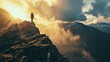 A silhouetted figure stands atop a rugged mountain ridge, gazing out over a dramatic landscape. The sun is setting or rising to the left, casting a warm golden light that illuminates the misty atmosph