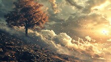 A Majestic Tree With Fiery Orange Foliage Stands Alone On A Rocky Terrain. Its Leaves Are Caught In A Whirlwind, Contributing To A Dramatic Scene As They Are Scattered Into The Sky Filled With Dynamic