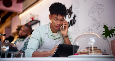 Sticker - Phone call, tablet and man barista in coffee shop for online, internet or website order. Smile, small business and male waiter at cash register with digital technology on mobile conversation in cafe.