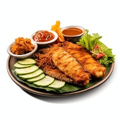 Wall Mural - a ikan lele goreng with sambal matah fried catfish with indonesian sambal and herbs, studio light , isolated on white background