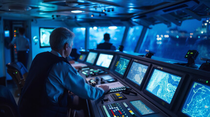 Poster - The ships control room is stateoftheart equipped with advanced smart technologies and manned by a team of engineers monitoring its autonomous operations.