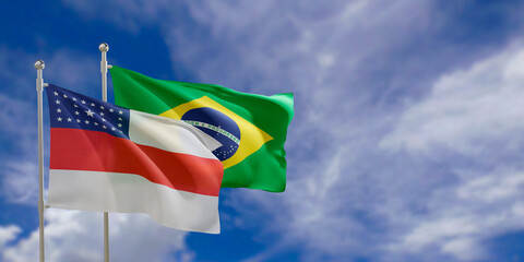 Official flags of the country Brazil and federal state of Amazonas. Swaying in the wind under the blue sky. 3d rendering