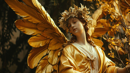 Wall Mural - A regal angel adorned in golden robes and holding a crown of leaves representing the balance and unity of all four elements.