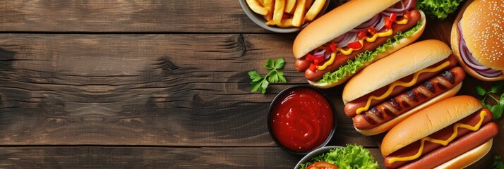 Poster - Summer BBQ food table scene with a dark wood background showing a top view of hot dogs and hamburgers buffet