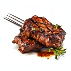 Wall Mural - a fork with pieces of delicious barbecued meat, studio light , isolated on white background,