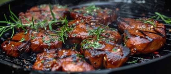 Canvas Print - Delicious Outdoor Cooking: Iberian Pork Sauteed to Perfection in a Flavorful Outdoor Cooking Experience