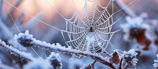 Wall Mural - Winter Scene: Beautiful, Freezing Spider Weaving an Intricate Web in the Winter Wonderland
