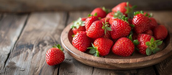 Wall Mural - Fresh Strawberries Arranged on a Rustic Wooden Plate: An Exquisite Display of Juicy Fresh Strawberries on a Charming Wooden Plate