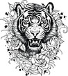 Tiger tattoo with flowers : Strength and gentleness are forged together through meticulously hand-drawn tattoos.