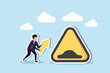 Business slowdown due to obstacles, watch for crises, economic downturn, and recession risks ahead concept, businessman running with arrow to find speed bump slow down sign.