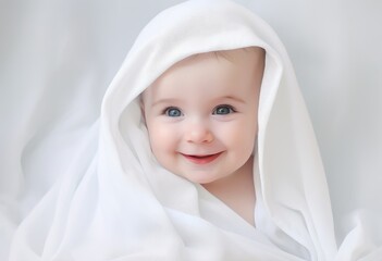 Happy baby in white towel with blue eyes.