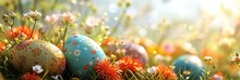 Easter Banner With Decorated Eggs Against Blooming Background