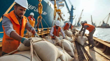 Poster - A group of diverse workers from different nationalities working together on a shipping dock loading sacks of grains onto a ship illustrating the collaboration and global partnership