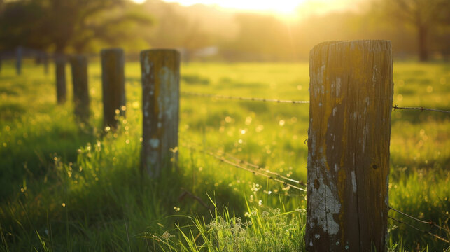 A group of old weathered fence posts stand in a lush green field the golden light of the sun giving them a new life.