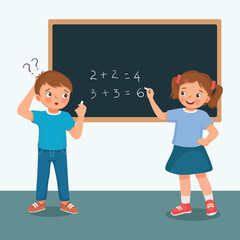 Canvas Print - Cute little kids student write on blackboard math equation in front of class with chalk
