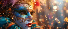 A Colorful Masquerade Mask In Bright Colours On A Blurred Festive Background With Bokeh , Party, Rio, Venice And Tenerife Carnival Concept Banner Poster Or Card Design Copy Space