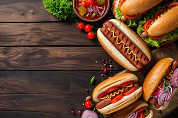 Poster - Summer BBQ food table scene with a dark wood background showing a top view of hot dogs and hamburgers buffet