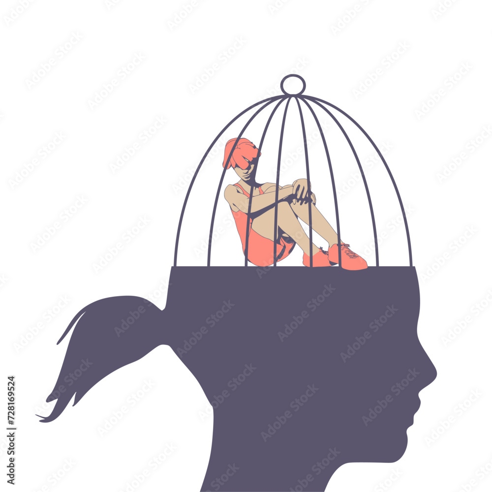 Woman, human brain trapped in cage, obstruction. Depression, panic and ...