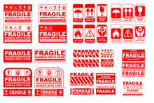 Vector Illustration Of Fragile, Handle With Care Or Package Label Stickers Set. Red And White Colour Set.