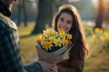 Wall Mural - young attractive girl receives a chic bouquet of flowers from her boyfriend on women's day or anniversary