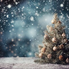  Snowy Christmas tree with cones on a blurred blue snowy background, wallpaper, space for text