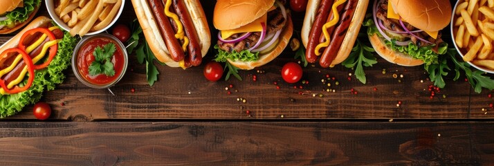 Poster - Summer BBQ food table scene with a dark wood background showing a top view of hot dogs and hamburgers buffet