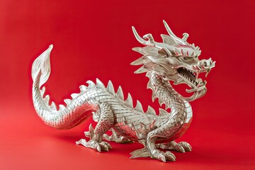 Poster - beautiful silver wooden dragon isolated on red background