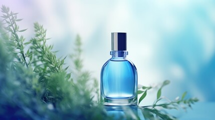 Wall Mural - Transparent blue glass perfume bottle mockup with plants on background. Eau de toilette. Mockup, spring flat lay.