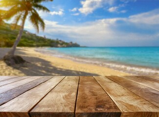 Sticker - Empty wooden table at the beach for product display, cocktail presentation and copy space. Summer beach background.