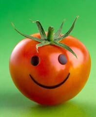 Canvas Print - Tomato with smiling face isolated on green background. Eat vegetables creative concept.