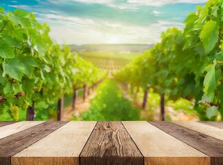 Sticker - Empty wooden table on vineyard background for product/wine display or copy space