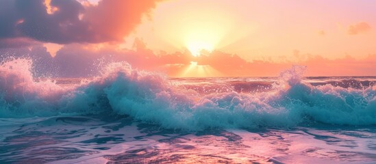 Wall Mural - Breaking Ocean Waves Falling Down During Sunset Time
