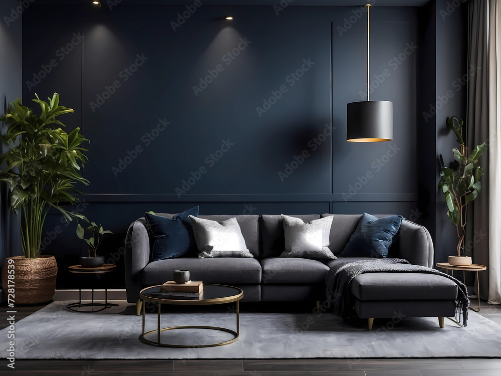 A living room or business lounge designed in deep, dark colours ...