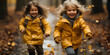 Joyful Children Playing in the Rain High quality illustration Two children in yellow rain jackets running through a field of flowers Exuberant children.