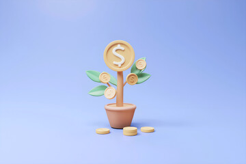 Sticker - 3D rendered illustration of a financial business concept depicting growth and savings with plants and dollar coins in pots.