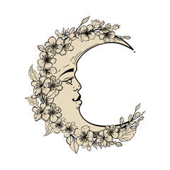 Wall Mural - Celestial crescent moon with a face decorated with flowers, mystical logo, magical vector tattoo. Hand drawn symbol of astrology, zodiac, horoscope. Sacred Design Element.