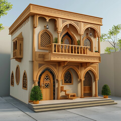 Wall Mural - Tiny two floor timber frame house with double front doors and terrace with mosque and ramadhan theme design