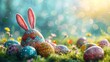 Colorful easter eggs with bunny ears on green grass over bokeh background