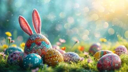 Colorful easter eggs with bunny ears on green grass over bokeh background