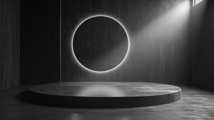 Poster - a round podium in a dark room with a spotlight