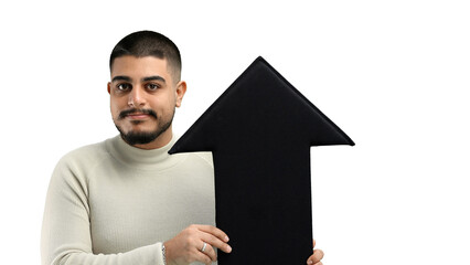 Canvas Print - Man, close-up, on a white background, pointing up arrow